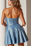 Blue Strapless Satin A Line Homecoming Dress With One Button