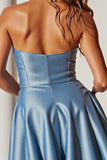 Blue Strapless Satin A Line Homecoming Dress With One Button