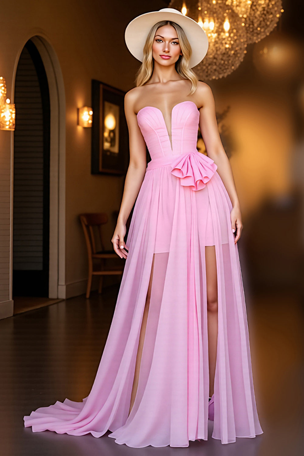 Pink Ruffled Strapless A Line Cocktail Dress with Slit