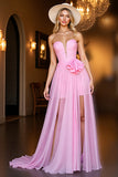 Pink Ruffled Strapless A Line Cocktail Dress with Slit