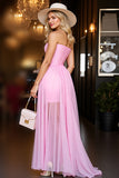 Pink Ruffled Strapless A Line Cocktail Dress with Slit