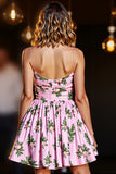 Pink Satin Spaghetti Straps Printed A Line Homecoming Dress