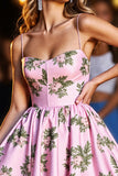 Pink Satin Spaghetti Straps Printed A Line Homecoming Dress