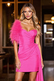 Fuchsia Ruched Sweetheart Short Homecoming Dress with Feather