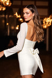 White Ruched Bodycon Short Homecoming Dress with Bow