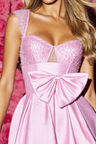 Pink Satin Pleated A Line Homecoming Dress with Bow