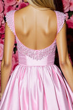 Pink Satin Pleated A Line Homecoming Dress with Bow