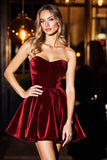 A Line Burgundy Strapless Velvet Short Homecoming Dress