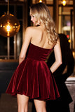 A Line Burgundy Strapless Velvet Short Homecoming Dress