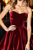 A Line Burgundy Strapless Velvet Short Homecoming Dress