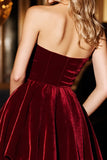 A Line Burgundy Strapless Velvet Short Homecoming Dress