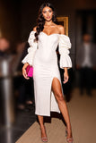 Off The Shoulder White Sheath Midi Homecoming Dress With Slit