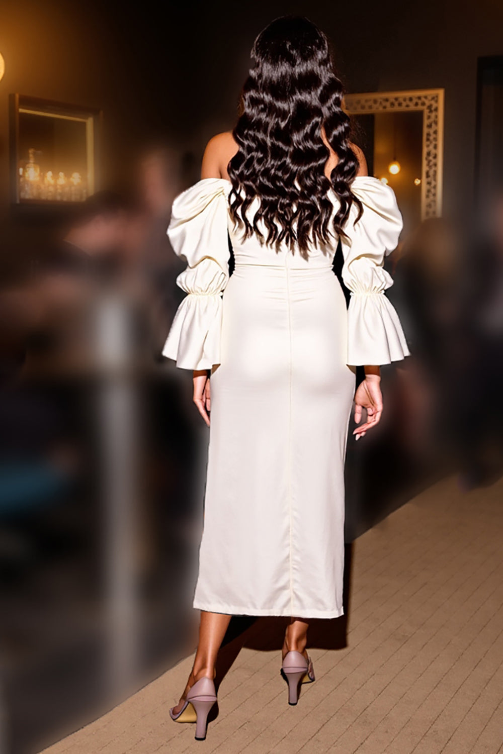 Off The Shoulder White Sheath Midi Homecoming Dress With Slit