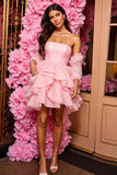 Pink Strapless A Line Ruffled Mini Homecoming Dress