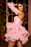 Pink Strapless A Line Ruffled Mini Homecoming Dress