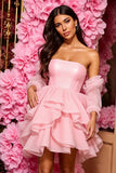 Pink Strapless A Line Ruffled Mini Homecoming Dress