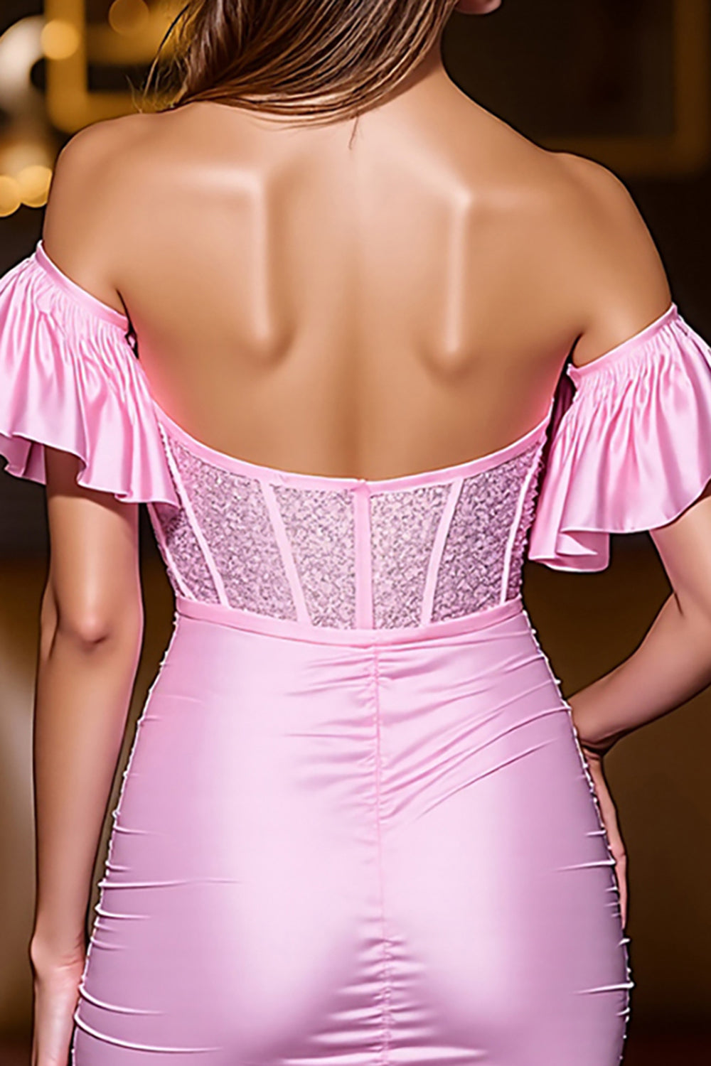 Pink Off The Shoulder Corset Beaded Homecoming Dress
