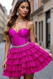 Fuchsia Beaded A Line Tiered Homecoming Dress