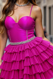 Fuchsia Beaded A Line Tiered Homecoming Dress