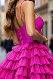 Fuchsia Beaded A Line Tiered Homecoming Dress