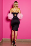 Black Strapless Bodycon Mini Homecoming Dress With Feathers