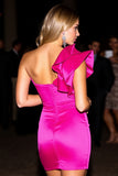 One Shoulder Bodycon Ruffled Fuchsia Homecoming Dress