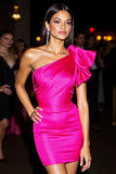 One Shoulder Bodycon Ruffled Fuchsia Homecoming Dress