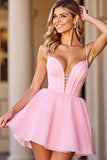 A Line Pink Corset Spaghetti Straps Homecoming Dress