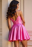 A Line Fuchsia V Neck Mini Homecoming Dress With 3D Flower