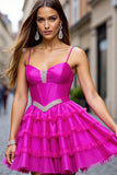 Fuchsia Beaded Tiered A Line Homecoming Dress