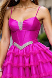 Fuchsia Beaded Tiered A Line Homecoming Dress