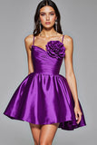 Dark Purple A Line Spaghetti Straps Homecoming Dress With 3D Flower