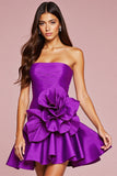 A Line Strapless Ruffled Dark Purple Homecoming Dress With 3D Flower