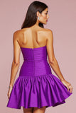A Line Strapless Ruffled Dark Purple Homecoming Dress With 3D Flower