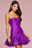 A Line Strapless Ruffled Dark Purple Homecoming Dress With 3D Flower