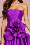 A Line Strapless Ruffled Dark Purple Homecoming Dress With 3D Flower