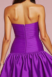 A Line Strapless Ruffled Dark Purple Homecoming Dress With 3D Flower