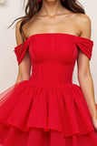 Off The Shoulder Red Tulle Ruffled Homecoming Dress