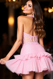 Halter Pink Beaded Corset Homecoming Dress