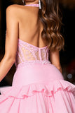 Halter Pink Beaded Corset Homecoming Dress
