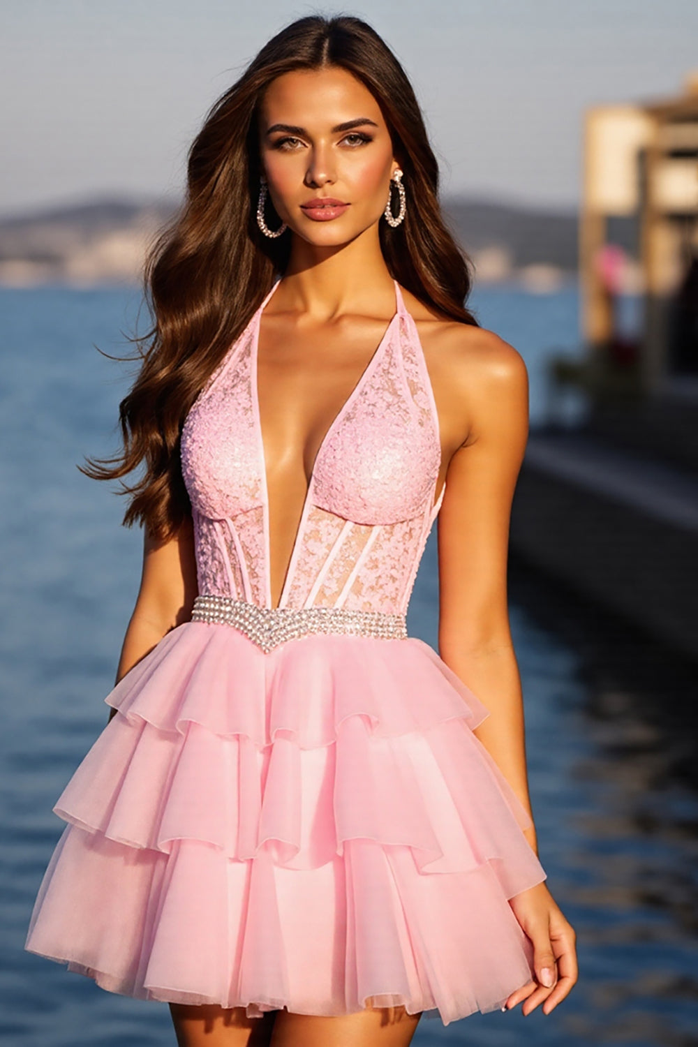 Halter Pink Appliqued A Line Homecoming Dress