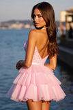 Halter Pink Appliqued A Line Homecoming Dress