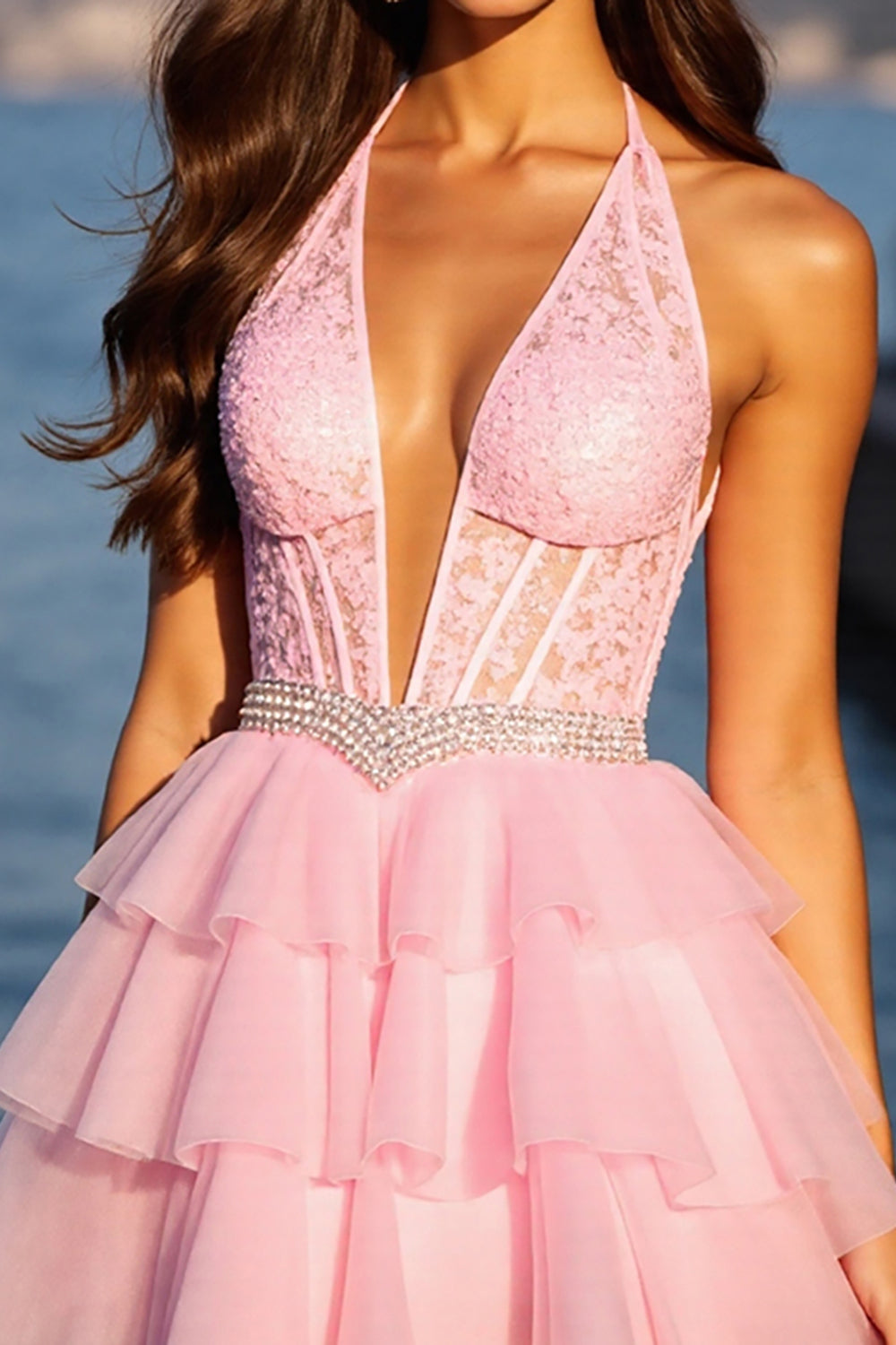 Halter Pink Appliqued A Line Homecoming Dress