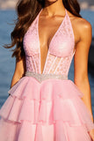 Halter Pink Appliqued A Line Homecoming Dress