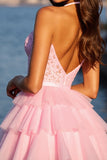Halter Pink Appliqued A Line Homecoming Dress