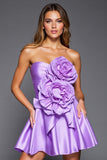 Purple A Line Ruffled Strapless Homecoming Dress With 3D Flowers