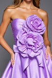 Purple A Line Ruffled Strapless Homecoming Dress With 3D Flowers