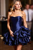 Navy A Line Tiered Satin Homecoming Dress