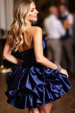 Navy A Line Tiered Satin Homecoming Dress