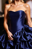 Navy A Line Tiered Satin Homecoming Dress
